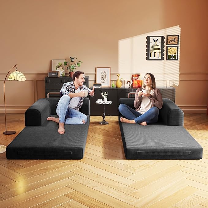 Convertible Sleeper Sofa Bed Boneless Cloud Comfort Black Futon Couch for Lounging & Sleeping, Removable & Washable Corduroy Sofa Cover, Floor Sofa Folding Mattress for Guests, Small Spaces