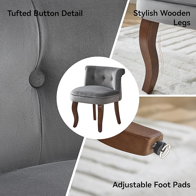 WUTUTUEE Velvet Vanity Chair with Back, Tufted Upholstered Vanity Stool with Solid Wood Legs, Mid Century Small Makeup Chair for Vanity, Accent Chair for Bedroom, Living Room, Grey