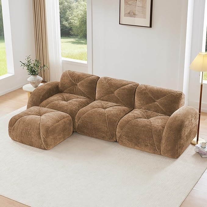 Modular Sectional Sofa with Free Combination,Boneless Floor Couch for Living Room & Lounge,Velvet 3-Seater Sectional Couch with Ottoman,No Assembly Needed