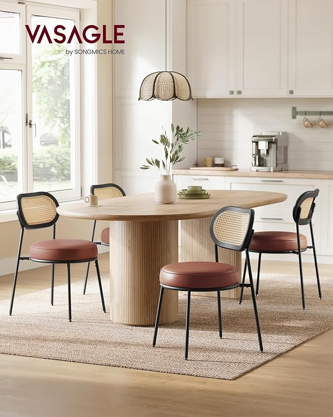 VASAGLE Dining Chairs, Set of 6 Accent Chair for Dining Room Kitchen, with Boho PE Rattan Back, Synthetic Leather Upholstery, Coffee Brown ULDC160K26