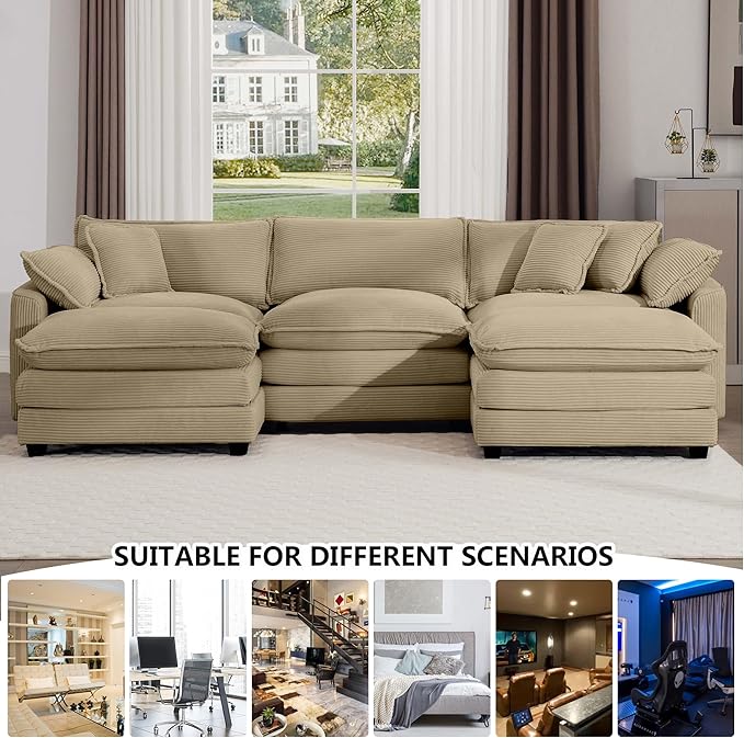 Aoowow Corduroy 3 Seater Couch with Ottomans,Modern Large Cloud Couches for Living Room,U Shaped Modular Sectional Cloud Sofas Deep Seat,U Shape Oversized Tufted Sofa Set (Tan, 3 Seater + 2 Ottoman)
