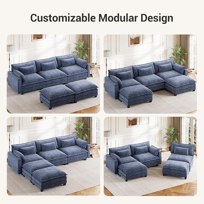 Pipishell 110.6" U-Shaped Modular Sectional Sofa, 5-Seat Modern Chenille Deep Seat Comfy Cloud Couch with 2 Movable Ottoman & Throw Pillows for Living Room, Bedroom and Apartment, Blue