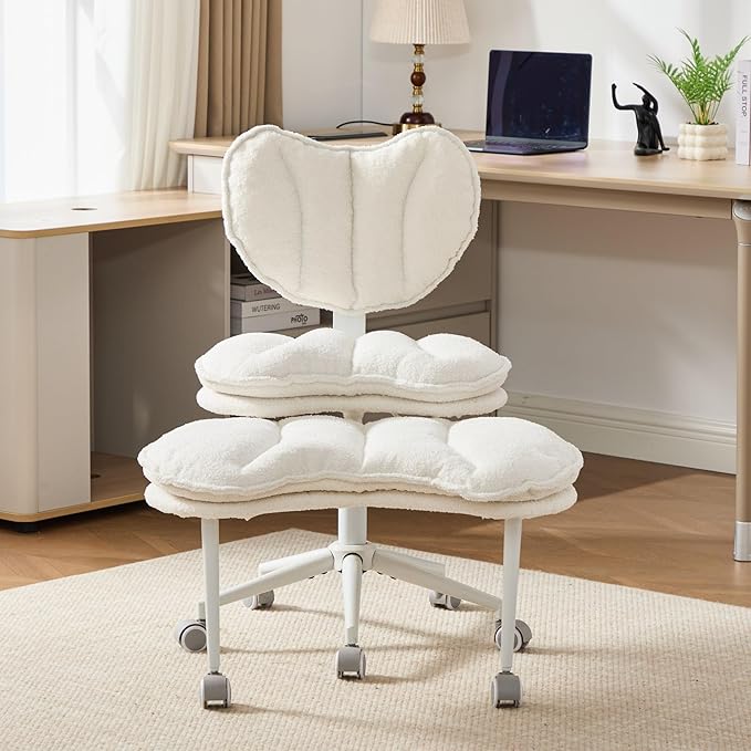 Cross Legged Chair with Footrest, Plus Size Criss Cross Office Chair with Memory Foam Cushion, Armless Swivel Desk Chair with Wheels, Cozy Active Sitting Chair for Home Office & Bedroom,Teddy Fleece