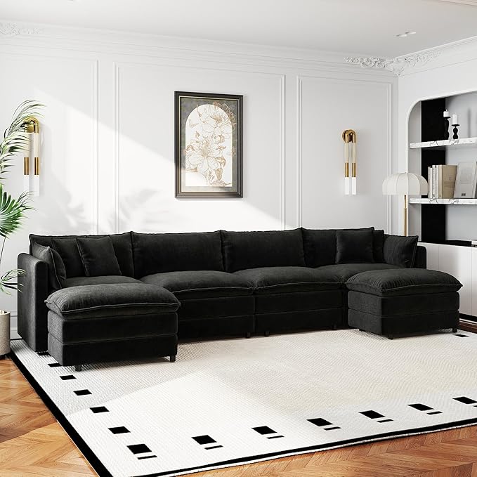 Aoowow Modular Sectional Sofa Modern Convertible U Shaped Couch,147.2 Inch Deep 4-Seater Sofas Set Comfy Chenille Cloud Sofas and Couches with Movable Ottoman for Living Room Apartment（Black）
