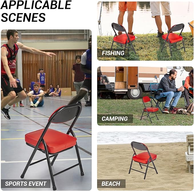 fusehome Mini Padded Folding Chairs, Garage Stool, Portable Camping Chair with Cushion, Lightweight Lawn Chair, for Outdoor Sports Events, Patio, Fishing, Hiking, Hunting, Picnic, Beach, Red