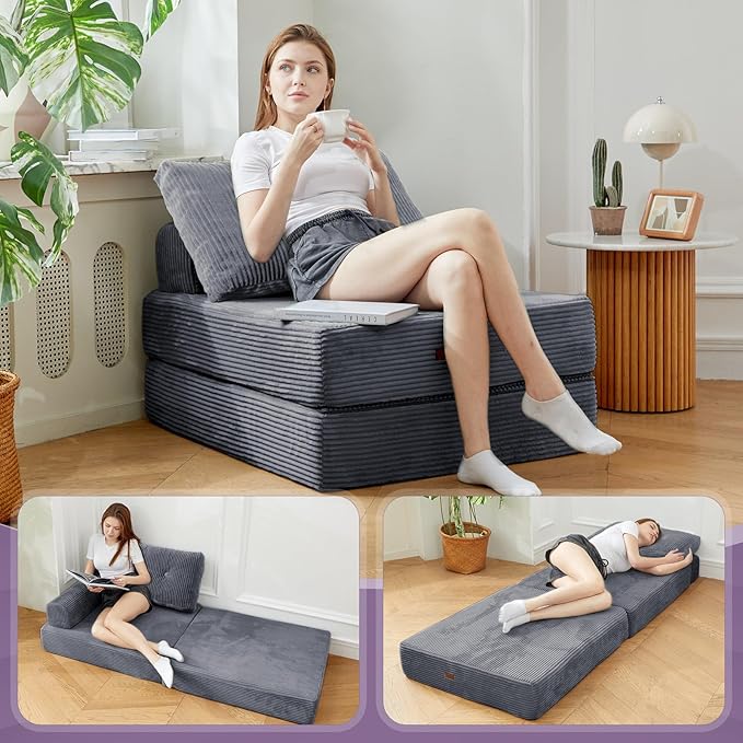 Folding Chair Bed, Convertible Sofa Bed with Backrest and Pillows,Fold Out Chair Bed with High-Density Foam, Perfect for Living Room 、Bedroom、Balcony 、Hotel 、Apartment ， Single, Dark Gray