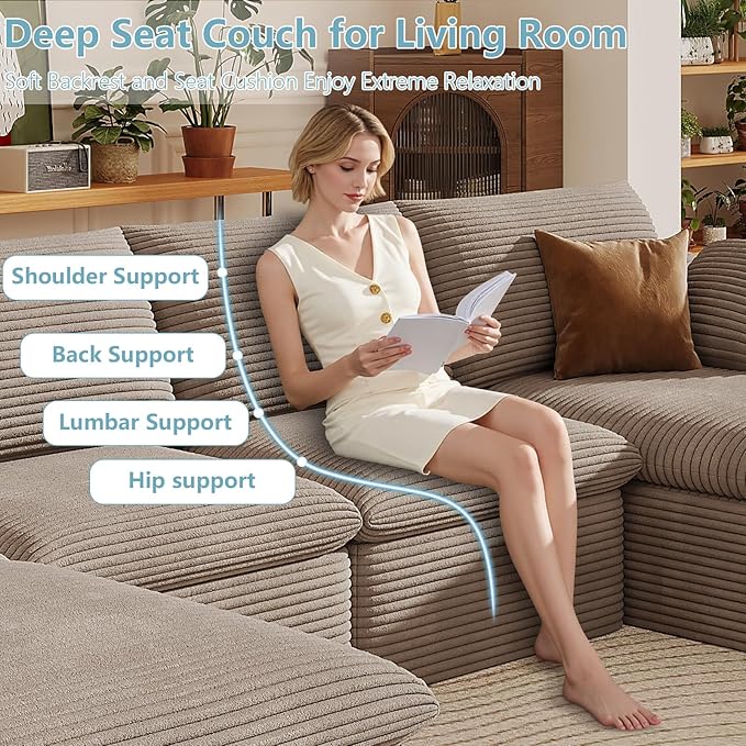 136" Cloud Sectional Couch with U-Shaped Chaise,Corduroy Viral Boneless Sofa with Ottoman,Memory Foam Couches in a Box with Deep Seat for Living Room,No Assembly Required (Camel,Right-Facing Chaise)