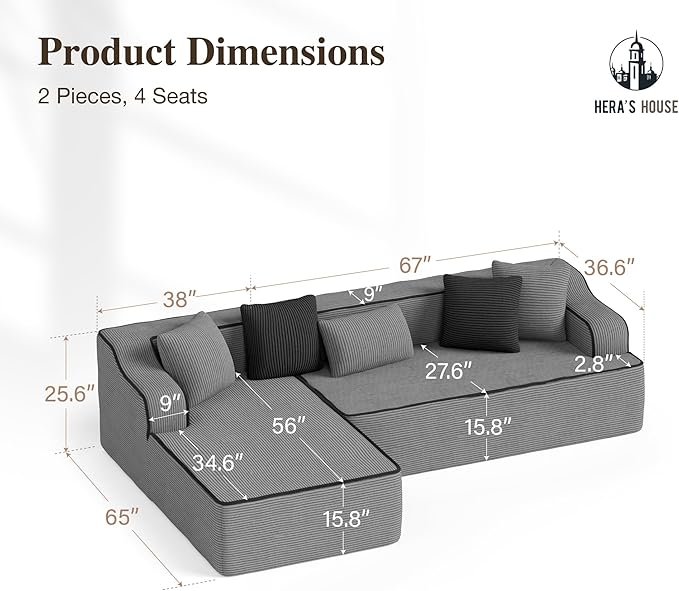 HERA'S HOUSE 105" Cloud Sectional Couch, Modular Upholstered Sofa with L-Shaped Chaise, Corduroy Boneless Couches with Wide Armrest and 5 Throw Pillows for Living Room, No Assembly Required, Grey