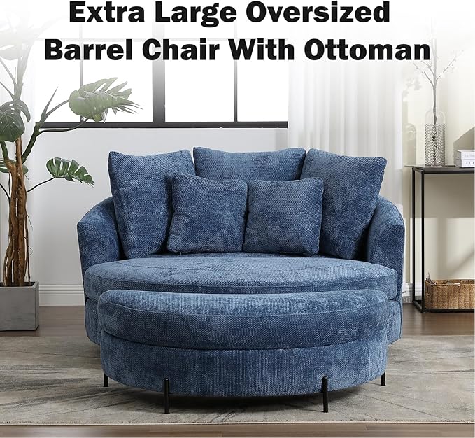 Chifee & Vingol 59.8" W Oversized Accent Barrel Chair Large Round Chair with Ottoman & Movable Wheels,Blue