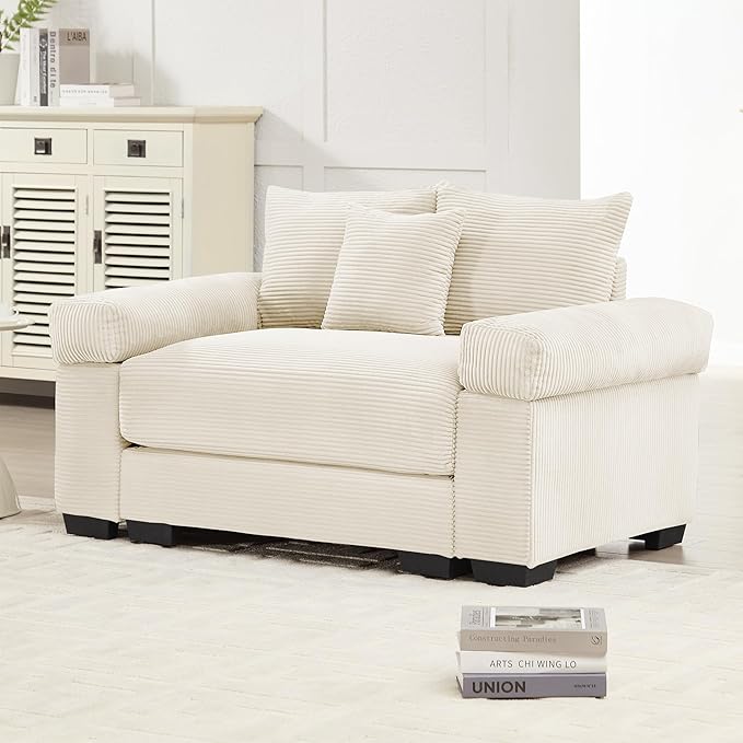 KEIKI 54" Oversized Corduroy Modular Sectional Single Sofa with High-Density Foam Cushions, Extra-Thick Armrests, Upholstered Modern 1-Seater Lounge Accent Chair with 3 Pillow, for Living Room, Beige