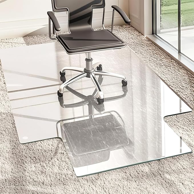 VSARHouse Irregular Tempered Glass Office Chair Mat with Lip, 53"x45" Glass Floor Mat for Carpets or Hard Floors, with Tabbed and Non-Slip Pads, Effortless Rolling, Thick 0.2"