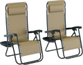 Lavish Home Zero Gravity Chairs - Set of 2 Outdoor Chairs with Side Tables with 2 Cupholders, Phone, and Tablet Holder and Chair Pillow (Beige)