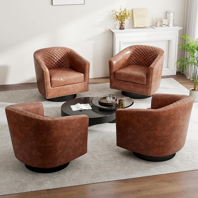 DREAMSIDEA Swivel Barrel Accent Chair, Comfy Modern Upholstered Round Faux Leather Arm Chair for Living Room, Bedroom（Brown, Set of 4