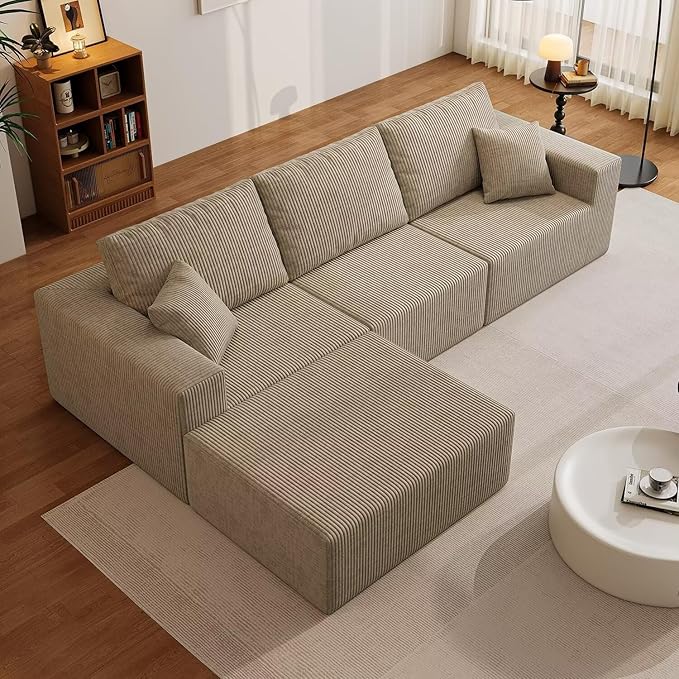 110" Cloud Boneless Sectional Sofa for Living Room, No Assembly Modular L-Shaped Couch with Deep Seat, Frameless Corduroy Upholstery, Grey, 3-Seater Right-Facing Chaise
