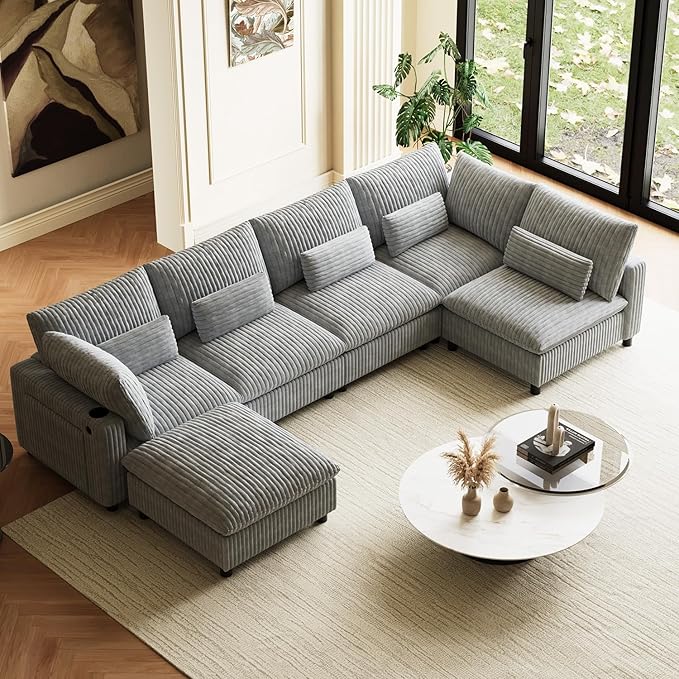 130" W x 67" D U Shape Sectional Sofa with USB Charging & Cup Holder & Storage, 6 Seater Plush Corduroy Couches with Movable Ottoman, Cloud Couch Sofas for Living Room, DIY Combination - Grey
