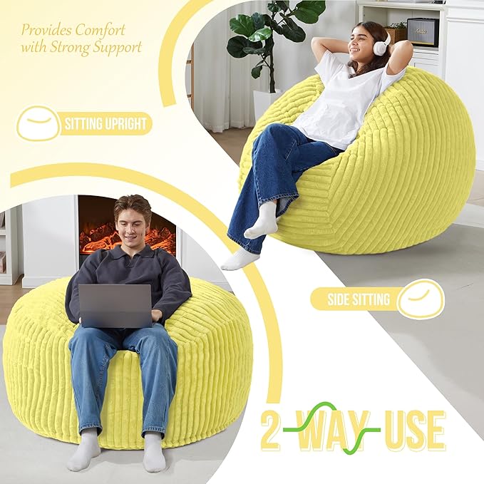 Homguava 3 FT Bean Bag Chair,3' Big Bean Bag,Large Bean Bag Chairs for Adults with Memory Foam Filled,Comfy Beanbag Chairs Soft Bean Bag Sofa with Dutch Corded Plush Cover-Yellow