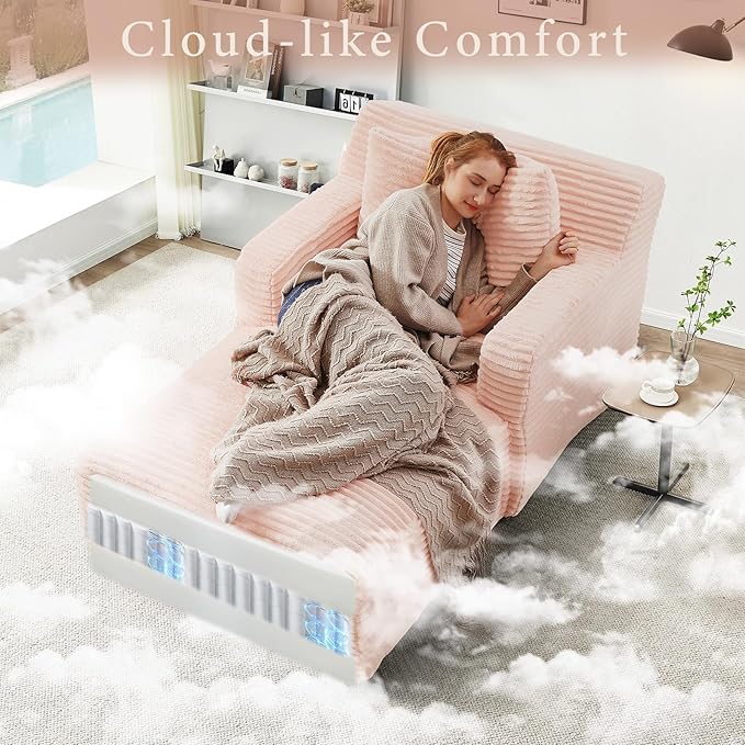 VEPXXP 65.4" Chaise Lounge Chair Indoor, Oversized Boneless Couch Comfy Upholstered Sleeper Sofa Bed with 3 Pillows, Corduroy Cloud Reading Chair for Living Room No Assembly Required, Pink
