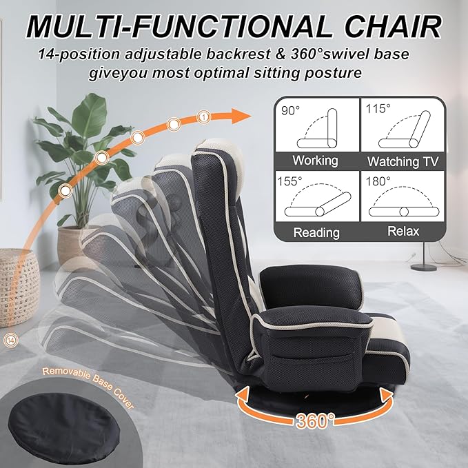 Linen Fabric Ergonomic Gaming Chair, 6-Position Reclining Sofa Bed with Lumbar Support, Foldable Floor Lounger with Thick Cushion, Armrests & Side Pockets for Esports, Reading, Napping (Brown + Beige)