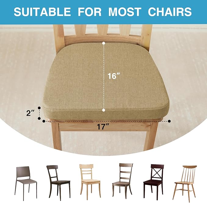 Chair Cushions for Dining Chairs Set of 6, Non Slip Kitchen Chair Pads, 17" x 16" x 2", Indoor Dining Chair Cushions with Ties, D-Shaped Seat Cushions for Kitchen Chairs, Khaki