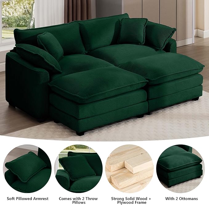Aoowow Oversized Loveseat Couch with Ottomans,Modern Corduroy 2 Seater Cloud Couches for Living Room,Modular Sectional Cloud Sofas Deep Seat,Double Lounger Sleeper Sofa