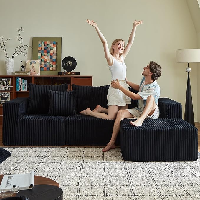 ERORVX 102" Black Couch for Living Room,Boneless Couch No Assembly Required,Comfy Couches with Oversized Chaise,Compressed Sofa for Any Room,Modern Sofa-Corduroy