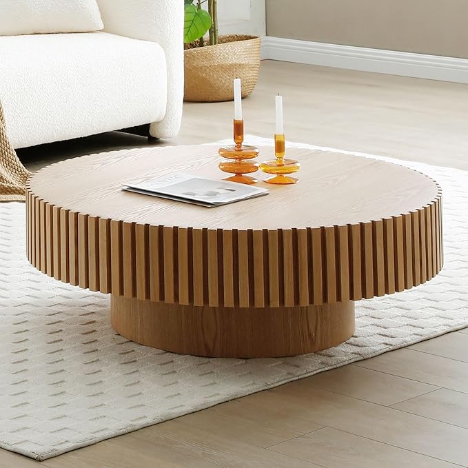 39.37'' Original Wood Color Round Coffee Table for Apartment, Modern Living Room Coffee Table with Sturdy Pedestal,Easy Assembly