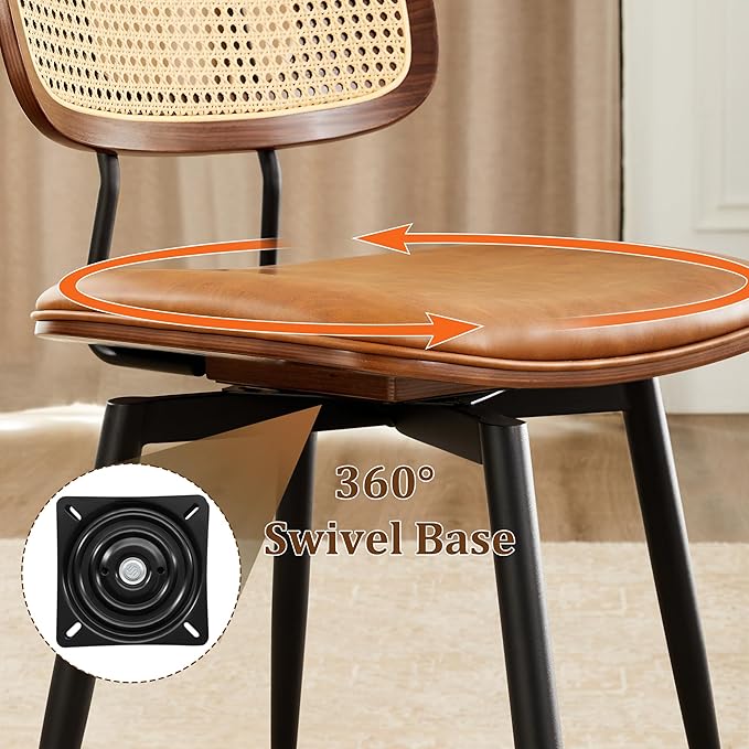 Quenvo Swivel Dining Chairs with Rattan Back, Modern Brown Leather Dining Chairs Set of 2, Swivel Dining Room Chairs Kitchen Side Chairs with Metal Legs and Upholstered Seat for Kitchen & Restaurant