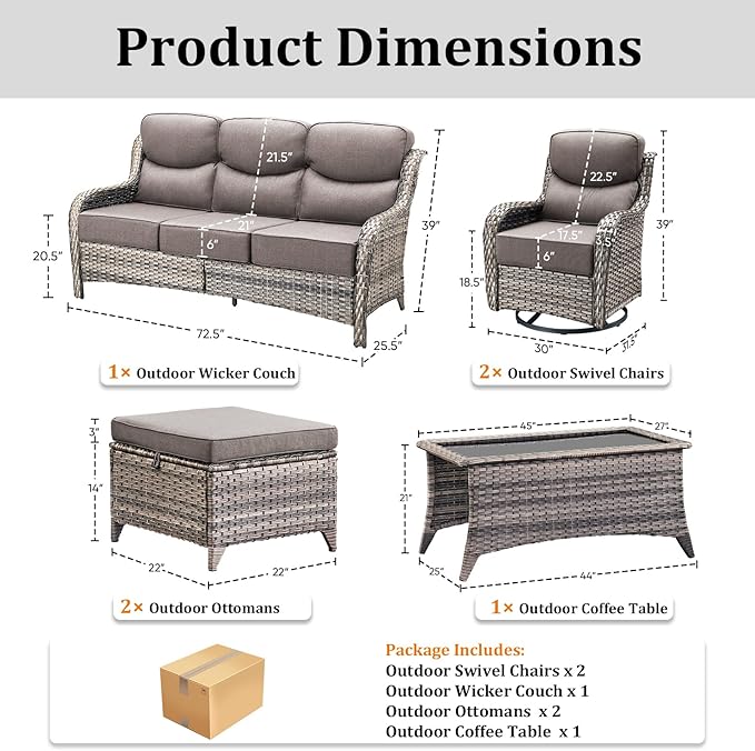 Pugire Luxury High Back Patio Furniture Set with 6-Inch Thick Cushions, 6-Pieces Outdoor Furniture with Swivel Chairs, Wicker Conversation Set for Porch, Balcony, Deck and Yard, Grey