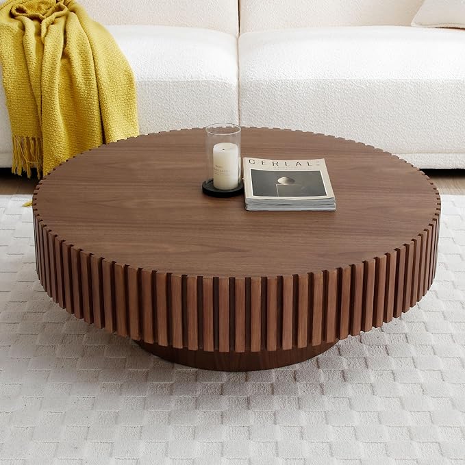 35.43''/90CM Round Wood Coffee Table for Living Room, Modern Handcraft Drum Coffee Table, Circle Wooden Tea Table for Small Space Apartment (Walnut, Ø35.43 x 13.77)