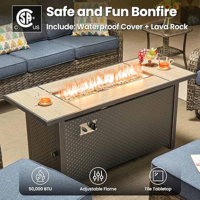 ovios 7 Pieces Patio Furniture Set, Outdoor Wicker Sofa Couch with Swivel Chairs 54" Fire Pit Table, High Back Modern All Weather Conversation Sets, Grey Rattan, Denim Blue