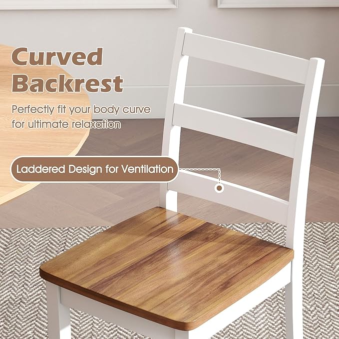 Giantex Dining Chairs, Wooden Armless Kitchen Chairs with Solid Rubber Wood Legs, Farmhouse Ladder Back Dining Chairs for Dining Room (2, White+Brown)