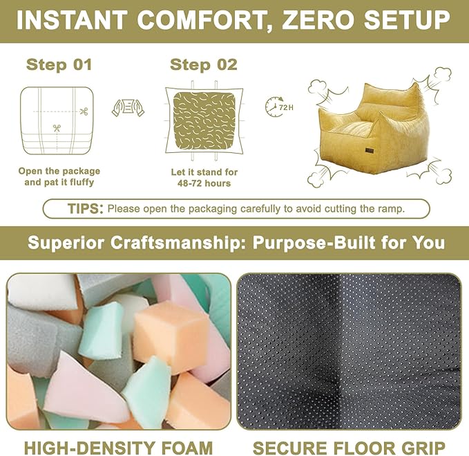 Giant Bean Bag Chair, Beanbag Chairs for Adults, Teens & Kids, Comfy Sofa Chair with Handle & Filling for Living Room, Reading & Gaming, Non-Slip(Yellow-XL)