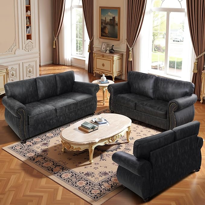 Couchus Living Room Furniture Sets,Sofa Sets and Couch Sets for Living Room,Mid-Century Vintage Sofa Couches with Rivet Design (Grey, 2 Loveseat+3 Seater)