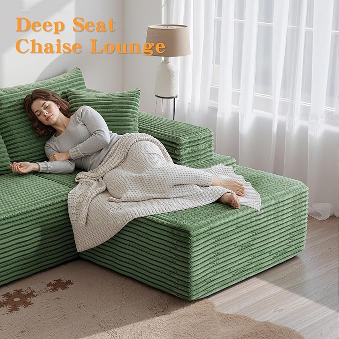 106'' Boneless Couches for Living Room, L Shaped Modular Sectional Sofa with Chaise Lounge, Faux Rabbit Fur Layered Cushion Deep Seat Cloud Couch, No Assembly (Green, 106 L Shaped Right Facing Chaise)