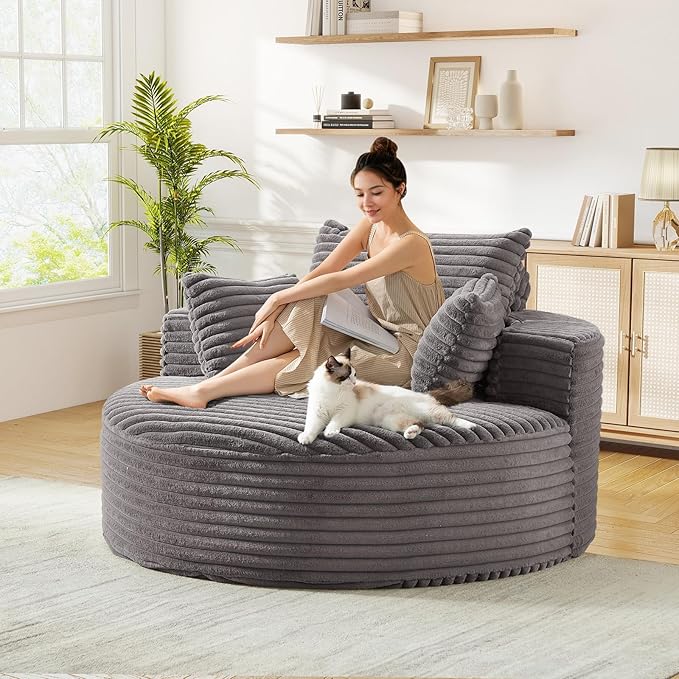 JEEOHEY Modern Round Accent Sofa Chair for Living Room, Upholstered Corduroy Barrel Lounge Arm Chair with Large seat&Throw Pillows for Bedroom, Office, Apartment, Grey