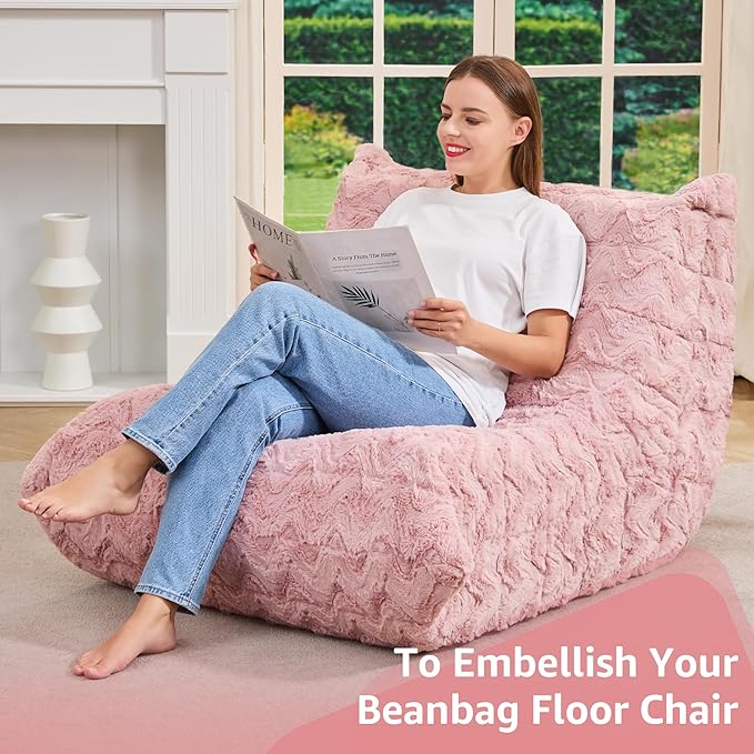Bean Bag Chairs for Adults Giant Bean Bag Chair Memory Foam BeanBag Chair Bean Bag Sofa with Filler Faux Fur Fireside Beanbags Lazy Sofa for Living Room Bedroom Office (Pink Chevron, Single)