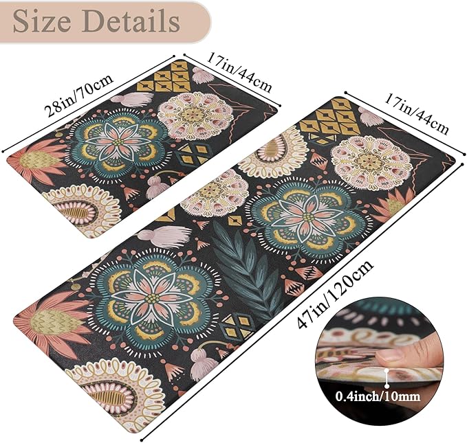 Homcomoda Boho Floral Kitchen Mats Cushioned Anti Fatigue 2 Piece Set Kitchen Rugs and Mats Non Slip PVC Waterproof Kitchen Comfort Mats for Standing Sink Laundry