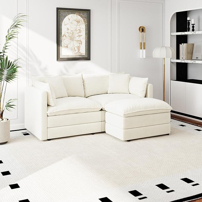 Aoowow Modular Sectional Sofa Modern Convertible Loveseat Couch,77.16 Inch Deep 2-Seater Sofas Comfy Chenille Cloud Sofas and Couches Set with Movable Ottoman for Living Room Apartment（Beige）