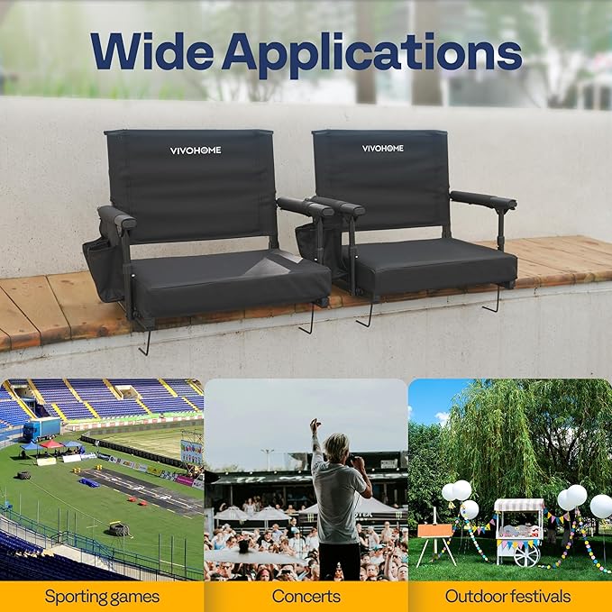 VIVOHOME Stadium Seats with Back Support and Cushion, 2 Pack Portable Bleacher Chairs with Cup Holder and Shoulder Strap