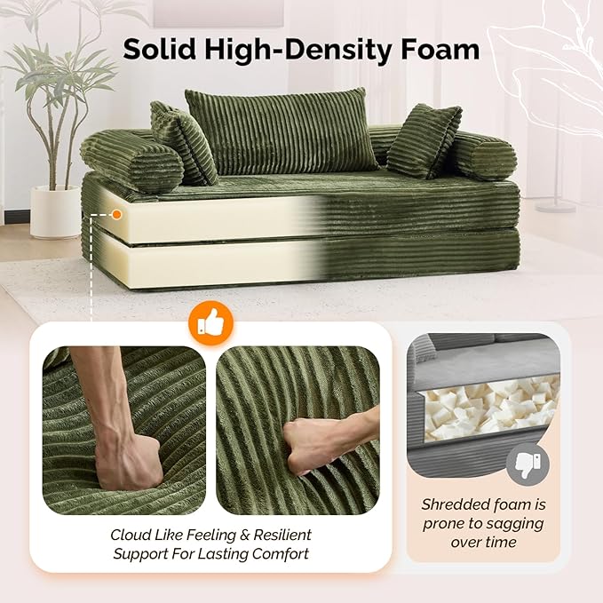 VINGLI Convertible Futon Sofa Bed, Upholstered Corduroy Boneless Couch King Size Floor Loveseat Sleeper Sofa with 2-in-1 Throw Pillow, Couches for Living Room, Bedroom, Lounge, Green