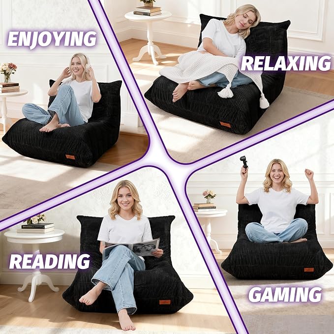 Bean Bag Chair,Giant Beanbag Chairs for Adults,Comfy Large Fireside Chair Lazy Sofa,Corduroy Bean Bag Lounger with Memory Foam Filled,Floor Sofa Couch for Home,Dorm,Living Room (Black)