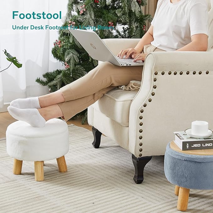 FIMIVIBI Small Foot Stool Ottoman with Storage, Soft Faux Fur Ottoman Foot Rest for Couch, Round Footstool with Storage, Small Ottomans and Footstools for Living Room and Entryway (Light Green)