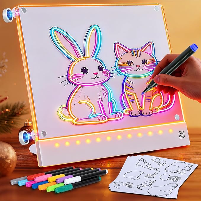 Rechargeable LED Drawing Board for Kids with Tracing Pages, Lumi Board Magnetic Light Up Acrylic Dry Erase Board, LED Note Board with 4 Magnets and Built-in Stand Christmas Gift Toy for Kids/Girls