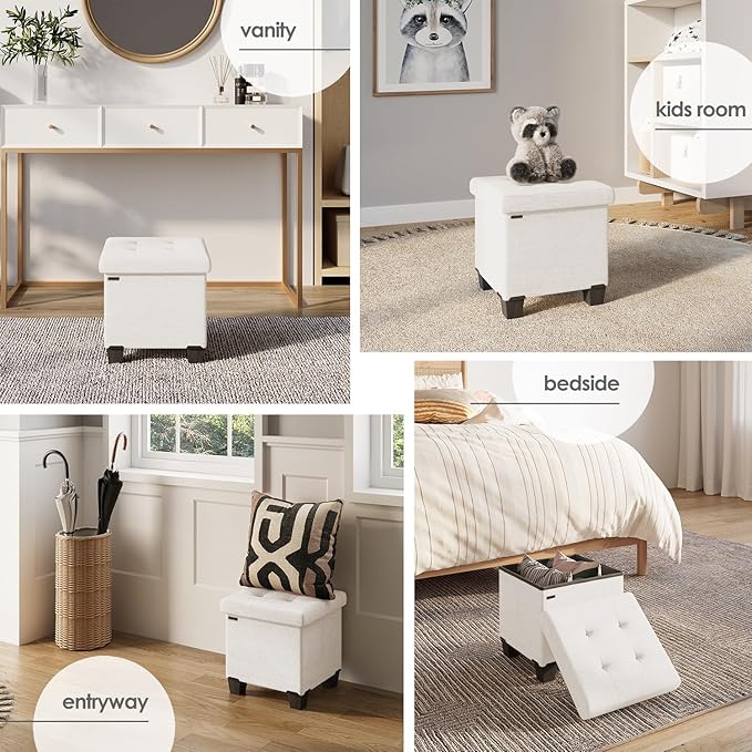 Storage Ottoman Cube with Small Bin, 16-in Square Ottoman with Storage for Living Room and Bedroom, Small Ottomans Foot Rest, Fabric Foot Stools Ottomans Max 330lbs, Cream