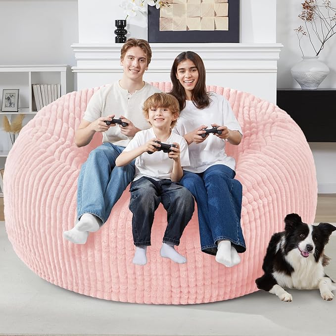 Homguava 6 FT Bean Bag Chair,6' Big Bean Bag,Giant Bean Bag Chairs for Adults with Memory Foam Filled,Comfy Large Beanbag Chairs Soft Bean Bag Sofa with Dutch Corded Plush Cover-Soft Pink