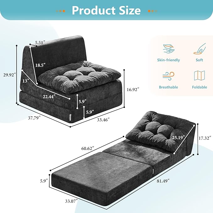 Hobestluk Sofa Couch Folding Sofa Bed Comfy Floor Lounger Convertible Sofa with Removable Cushion Couches for Small Spaces Foldable Mattress for Living Room Bedroom or Office (Chenille Grey, Large)