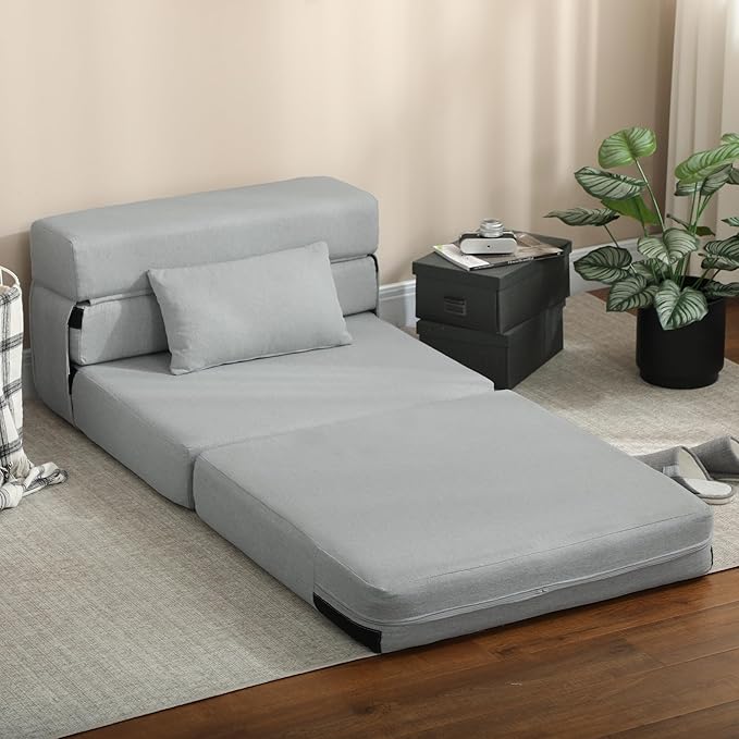 HOMCOM Folding Sofa Bed, Sleeper Chair with Pillow, Modern Linen Convertible Chair Bed, Fold Out Floor Futon Couch for Living Room, Dorm, Guest Use, Home Office, Light Gray
