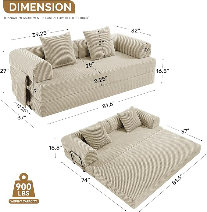 Convertible Coarser Corduroy Sleeper Sofa Bed with Cylindrical Pillow, Folding Mattress Couch with Fixed-Shape Frame, Floor Sofa Lounge Couch for Living Room Bedroom Lounge Studio, Beige