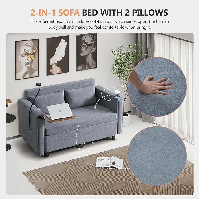 ORRD Pull Out Sofa Bed, 2-in-1 Multi-Functional Sleeper Couch Small Loveseat Bed with Hidden Side Table, Phone Holder and Cup Holder for Living Room, Small Space, Apartment (Grey)