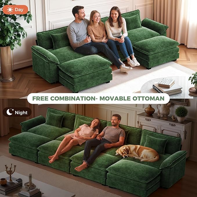 CDCASA 120" Oversized Modular Sectional Sofa, Comfy U-Shaped Cloud Couch w/ 2 Movable Ottoman, 5-Seater Chenille Deep Seat Modern Sofa Couch for Living Room, DIY Combination,Green